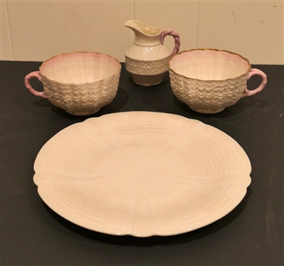 4 Pieces of Belleek - 2 Shell Shaped Mug with Pink Coral Handles - Black Mark 4 1/4 Across, 3 1/2 Creamer, and 9 Plate