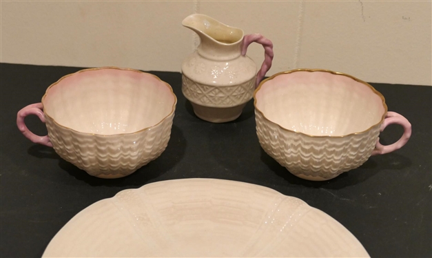 4 Pieces of Belleek - 2 Shell Shaped Mug with Pink Coral Handles - Black Mark 4 1/4 Across, 3 1/2 Creamer, and 9 Plate