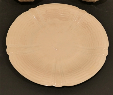 4 Pieces of Belleek - 2 Shell Shaped Mug with Pink Coral Handles - Black Mark 4 1/4 Across, 3 1/2 Creamer, and 9 Plate