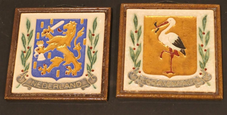 2 Hand Painted Delfts Holland Tiles - Gravenhage with Stork and Nederland with Lion - Each Tile is 4 3/4 By 4 3/4 