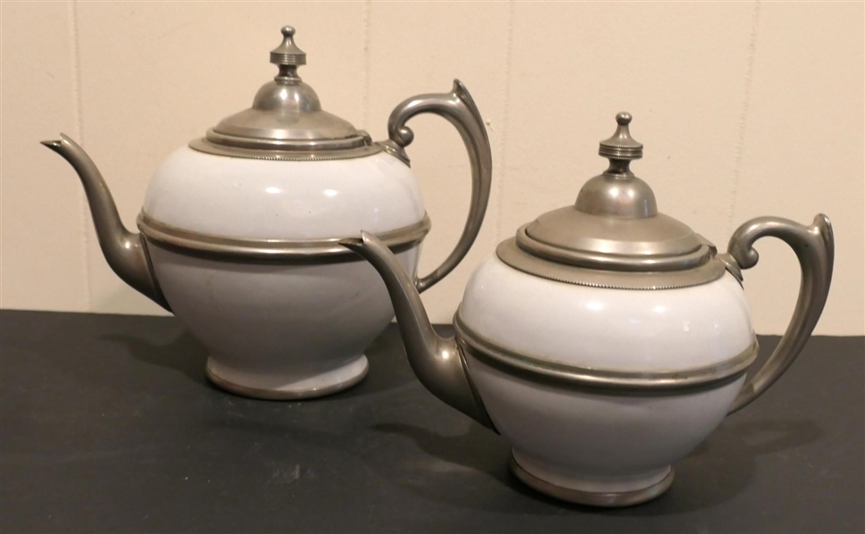 2 High Quality Pewter and White Enamel Tea Pots - 5" and 6" Tall Not Including Lid