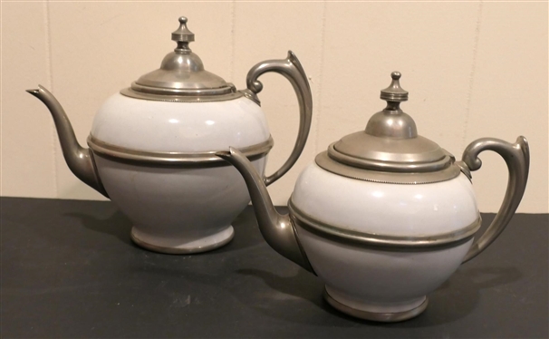 2 High Quality Pewter and White Enamel Tea Pots - 5 and 6 Tall Not Including Lid