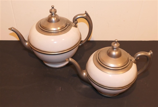 2 High Quality Pewter and White Enamel Tea Pots - 5 and 6 Tall Not Including Lid