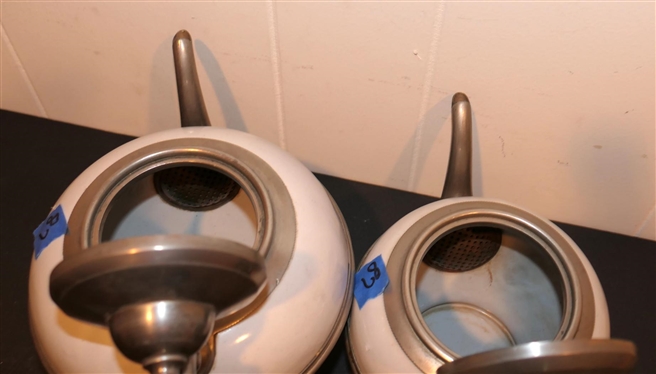 2 High Quality Pewter and White Enamel Tea Pots - 5 and 6 Tall Not Including Lid