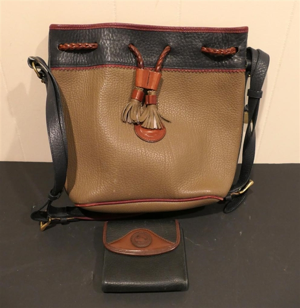 Vintage Dooney & Bourke Leather Bucket Bag with Wallet - Taupe, Green, and Burgundy Bag - With Tassel Closure and Navy Blue and Brown Leather Bill Fold Wallet with Change Purse - Both Made in USA