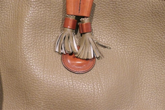 Vintage Dooney & Bourke Leather Bucket Bag with Wallet - Taupe, Green, and Burgundy Bag - With Tassel Closure and Navy Blue and Brown Leather Bill Fold Wallet with Change Purse - Both Made in USA