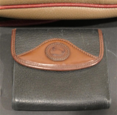 Vintage Dooney & Bourke Leather Bucket Bag with Wallet - Taupe, Green, and Burgundy Bag - With Tassel Closure and Navy Blue and Brown Leather Bill Fold Wallet with Change Purse - Both Made in USA