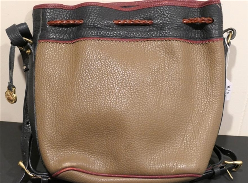 Vintage Dooney & Bourke Leather Bucket Bag with Wallet - Taupe, Green, and Burgundy Bag - With Tassel Closure and Navy Blue and Brown Leather Bill Fold Wallet with Change Purse - Both Made in USA