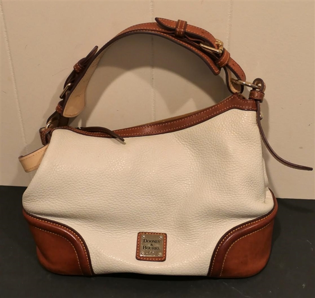 Dooney & Bourke Leather Purse - White with Tan Leather Corners, Trim, and Strap - Soft Leather Minimal Use 