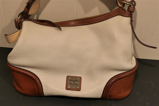 Dooney & Bourke Leather Purse - White with Tan Leather Corners, Trim, and Strap - Soft Leather Minimal Use 