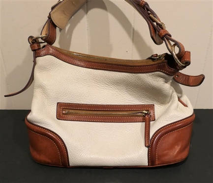 Dooney & Bourke Leather Purse - White with Tan Leather Corners, Trim, and Strap - Soft Leather Minimal Use 