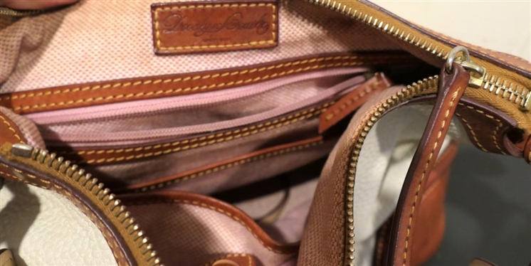 Dooney & Bourke Leather Purse - White with Tan Leather Corners, Trim, and Strap - Soft Leather Minimal Use 