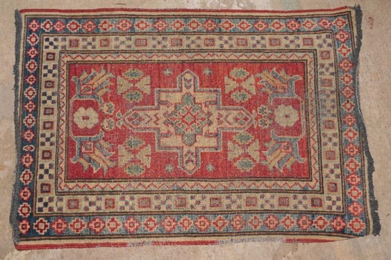 Oriental Throw Rug - Red and Blue - Hand Woven - Low Pile - Measures 36 by 24 1/2 