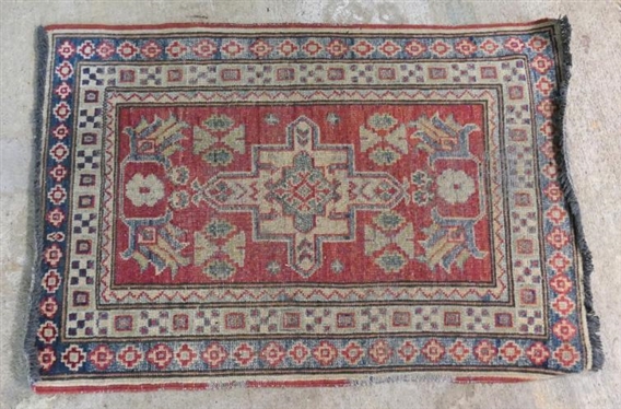 Oriental Throw Rug - Red and Blue - Hand Woven - Low Pile - Measures 36 by 24 1/2 
