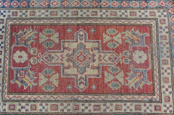 Oriental Throw Rug - Red and Blue - Hand Woven - Low Pile - Measures 36 by 24 1/2 