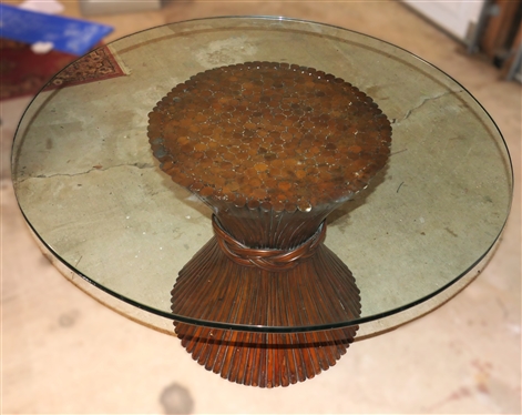 Contemporary Glass Top Table - Bundle of Wheat Wooden Base - Glass Top is 48 Wide 3/4 Thick 