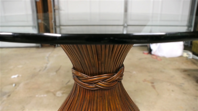 Contemporary Glass Top Table - Bundle of Wheat Wooden Base - Glass Top is 48 Wide 3/4 Thick 