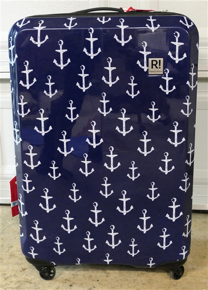 Revelation Hardside Rolling Suitcase - Navy Blue with White Anchor Pattern - Full Size Suit Case