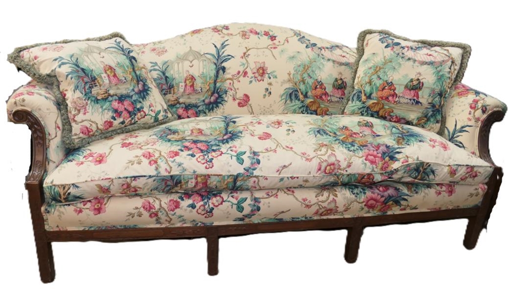 Beautiful Custom Upholstered Chinese Chippendale Style Camel Back Settee - Asian Floral Upholstery - Down Filled Cushion - Carved Frame - Sofa is 72" Long 