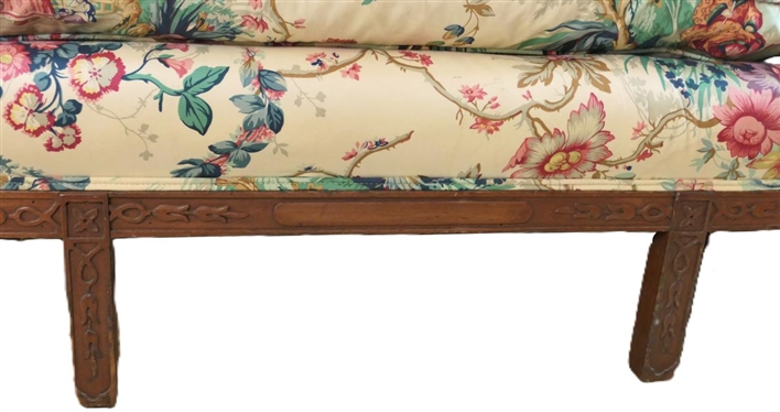 Beautiful Custom Upholstered Chinese Chippendale Style Camel Back Settee - Asian Floral Upholstery - Down Filled Cushion - Carved Frame - Sofa is 72 Long 