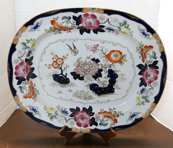 Outstanding Large 19th Century Ironstone Platter -Bright Floral Decoration with Cobalt Blue Border -  "Real Stone China" Mark on Back  - Platter is 20 1/2" by 17" - Chip on Underside of  Outer Edge 