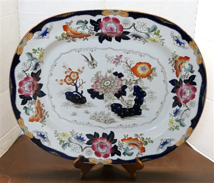 Outstanding Large 19th Century Ironstone Platter -Bright Floral Decoration with Cobalt Blue Border -  "Real Stone China" Mark on Back  - Platter is 20 1/2" by 17" - Chip on Underside of  Outer Edge 