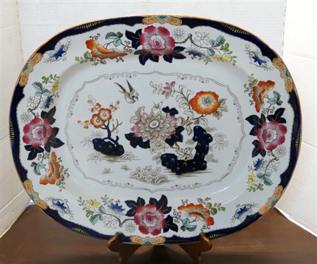 Outstanding Large 19th Century Ironstone Platter -Bright Floral Decoration with Cobalt Blue Border -  Real Stone China Mark on Back  - Platter is 20 1/2 by 17 - Chip on Underside of  Outer Edge 