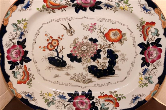 Outstanding Large 19th Century Ironstone Platter -Bright Floral Decoration with Cobalt Blue Border -  Real Stone China Mark on Back  - Platter is 20 1/2 by 17 - Chip on Underside of  Outer Edge 