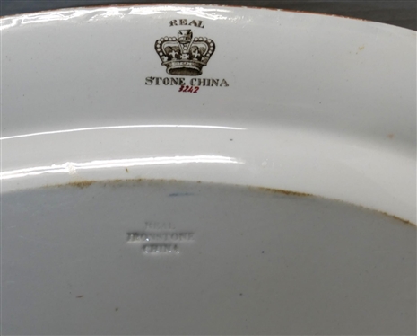Outstanding Large 19th Century Ironstone Platter -Bright Floral Decoration with Cobalt Blue Border -  Real Stone China Mark on Back  - Platter is 20 1/2 by 17 - Chip on Underside of  Outer Edge 
