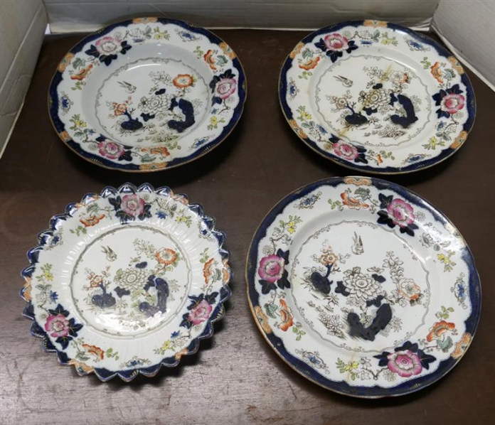 4 19th Century Ironstone Plates and Bowl -Colorful Floral Pattern with Blue Border - "Real Stone China" on Back -2 - 10 1/2" Dinner Plates (One with Hairline),  Soup Bowl is 10" Across (Hairline...