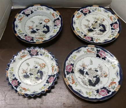 4 19th Century Ironstone Plates and Bowl -Colorful Floral Pattern with Blue Border - "Real Stone China" on Back -2 - 10 1/2" Dinner Plates (One with Hairline),  Soup Bowl is 10" Across (Hairline...