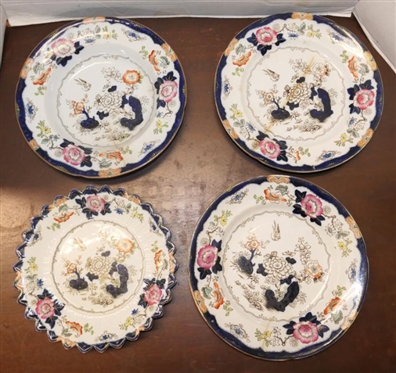 4 19th Century Ironstone Plates and Bowl -Colorful Floral Pattern with Blue Border - Real Stone China on Back -2 - 10 1/2 Dinner Plates (One with Hairline),  Soup Bowl is 10 Across (Hairline...