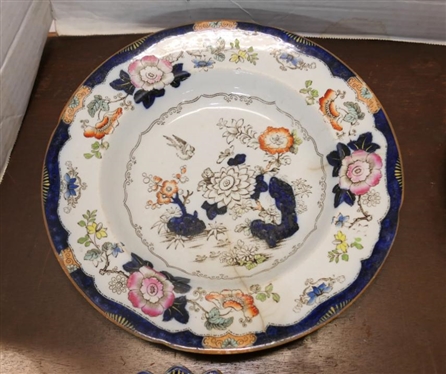 4 19th Century Ironstone Plates and Bowl -Colorful Floral Pattern with Blue Border - Real Stone China on Back -2 - 10 1/2 Dinner Plates (One with Hairline),  Soup Bowl is 10 Across (Hairline...