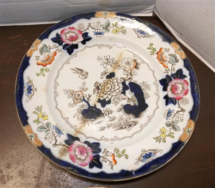 4 19th Century Ironstone Plates and Bowl -Colorful Floral Pattern with Blue Border - Real Stone China on Back -2 - 10 1/2 Dinner Plates (One with Hairline),  Soup Bowl is 10 Across (Hairline...