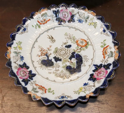 4 19th Century Ironstone Plates and Bowl -Colorful Floral Pattern with Blue Border - Real Stone China on Back -2 - 10 1/2 Dinner Plates (One with Hairline),  Soup Bowl is 10 Across (Hairline...