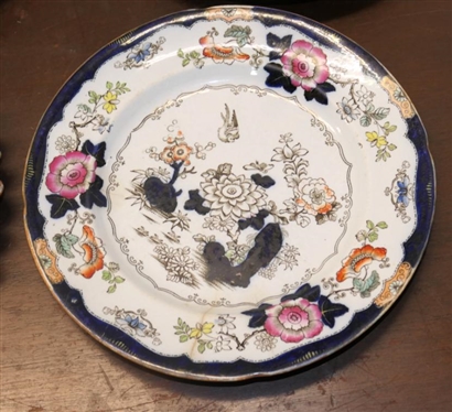 4 19th Century Ironstone Plates and Bowl -Colorful Floral Pattern with Blue Border - Real Stone China on Back -2 - 10 1/2 Dinner Plates (One with Hairline),  Soup Bowl is 10 Across (Hairline...