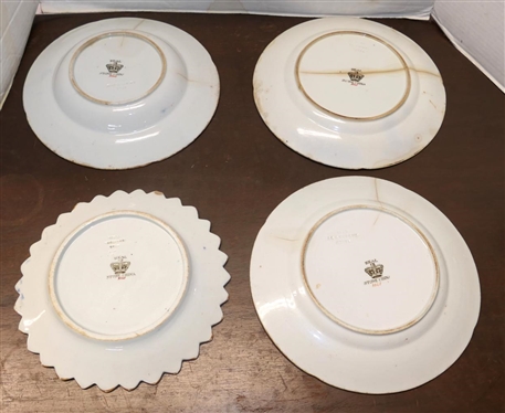 4 19th Century Ironstone Plates and Bowl -Colorful Floral Pattern with Blue Border - Real Stone China on Back -2 - 10 1/2 Dinner Plates (One with Hairline),  Soup Bowl is 10 Across (Hairline...