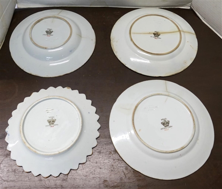 4 19th Century Ironstone Plates and Bowl -Colorful Floral Pattern with Blue Border - Real Stone China on Back -2 - 10 1/2 Dinner Plates (One with Hairline),  Soup Bowl is 10 Across (Hairline...