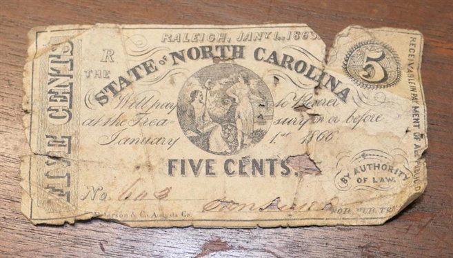 1863 State of North Carolina Five Cents Note - Raleigh, NC - Paper Note Has Some Folds and Holes - See Photos