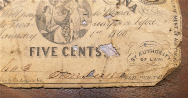 1863 State of North Carolina Five Cents Note - Raleigh, NC - Paper Note Has Some Folds and Holes - See Photos