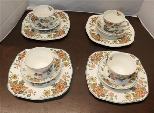 13 Pieces of Wedgwood "Eastern Flowers" China- 4 - 8 1/2" Square Plates, 4 Cup and Saucer Sets, and 1 Additional Saucer - Square Plates  are Pattern No. T.K.D. 426, Cup and Saucers are Pattern...