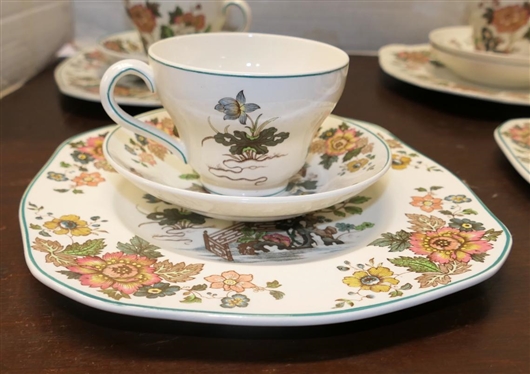13 Pieces of Wedgwood Eastern Flowers China- 4 - 8 1/2 Square Plates, 4 Cup and Saucer Sets, and 1 Additional Saucer - Square Plates  are Pattern No. T.K.D. 426, Cup and Saucers are Pattern...
