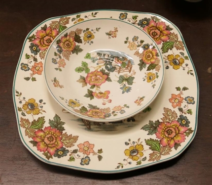 13 Pieces of Wedgwood Eastern Flowers China- 4 - 8 1/2 Square Plates, 4 Cup and Saucer Sets, and 1 Additional Saucer - Square Plates  are Pattern No. T.K.D. 426, Cup and Saucers are Pattern...