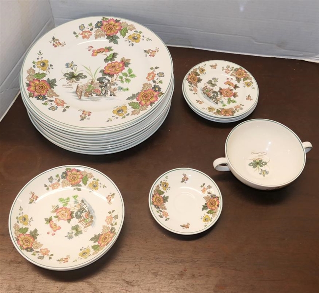 18 Pieces of Wedgwood "Eastern Flowers" China - Pattern No. T.K.D 426 including 10 - 10 1/2" Dinner Plates, 4 - 5  3/4" Bread Plates, 1 Cream Soup Bowl, 2 Saucers, and 1 Demitasse Saucer 