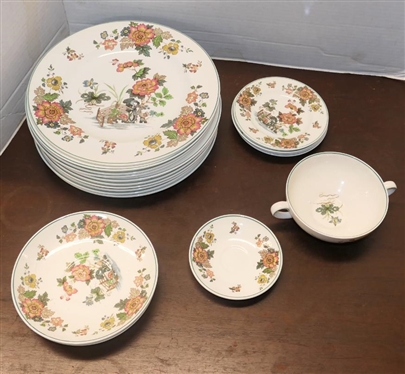 18 Pieces of Wedgwood "Eastern Flowers" China - Pattern No. T.K.D 426 including 10 - 10 1/2" Dinner Plates, 4 - 5  3/4" Bread Plates, 1 Cream Soup Bowl, 2 Saucers, and 1 Demitasse Saucer 