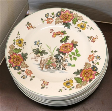 18 Pieces of Wedgwood Eastern Flowers China - Pattern No. T.K.D 426 including 10 - 10 1/2 Dinner Plates, 4 - 5  3/4 Bread Plates, 1 Cream Soup Bowl, 2 Saucers, and 1 Demitasse Saucer 