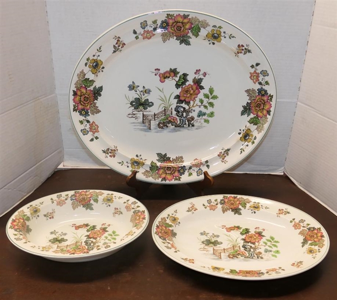 3 Wedgwood "Eastern Flowers" Serving Pieces - 10" Oval Bowl, 13" Platter, and 17" Platter - All Pattern No. T.K.D. 426
