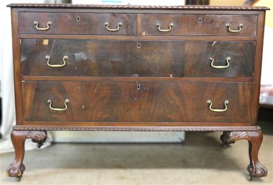 Mahogany Dresser - Chippendale Style with Heavily Carved Ball and Claw Feet - Carved Molding At Top and Bottom - Crotch Mahogany Drawer Fronts - 2 Dovetailed Drawers over 2 Dovetailed Drawers -...