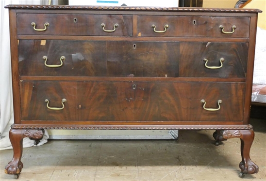 Mahogany Dresser - Chippendale Style with Heavily Carved Ball and Claw Feet - Carved Molding At Top and Bottom - Crotch Mahogany Drawer Fronts - 2 Dovetailed Drawers over 2 Dovetailed Drawers -...