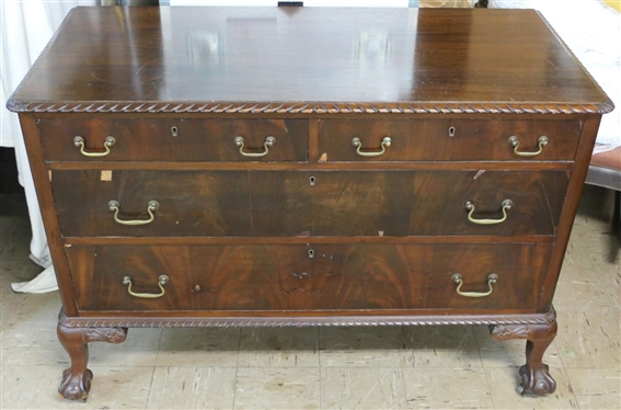 Mahogany Dresser - Chippendale Style with Heavily Carved Ball and Claw Feet - Carved Molding At Top and Bottom - Crotch Mahogany Drawer Fronts - 2 Dovetailed Drawers over 2 Dovetailed Drawers -...
